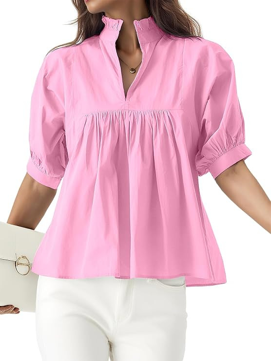Womens Babydoll Peplum Tops Summer V Neck Puff Sleeve Blouses | Amazon (US)