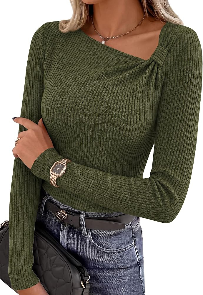 PRETTYGARDEN Womens 2026 Early Fall Fashion Long Sleeve T Shirts Asymmetrical Ribbed Fitted Trend... | Amazon (US)