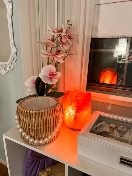 Flower pink Himalayan salt lamp - faux pink orchid - Pearl handle straw bag - watch storage - watch organization - watch display - jewelry display - home organization - home storage - cloffice - guest bedroom - home decor - Amazon Home - Amazon Finds 

#LTKunder50 #LTKunder100 #LTKhome