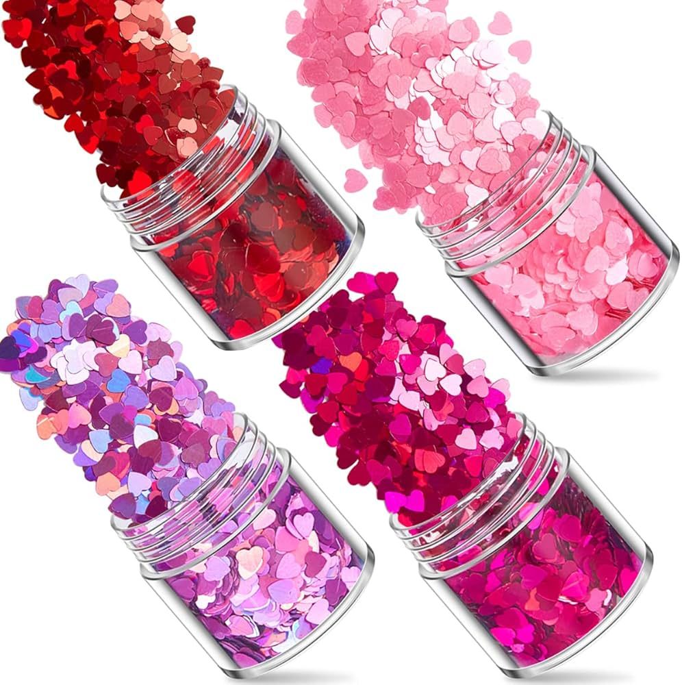 Valentine's Day Nail Art Glitters Red Heart Holographic Nail Glitter Heart Shaped Glitter Nail Se... | Amazon (US)