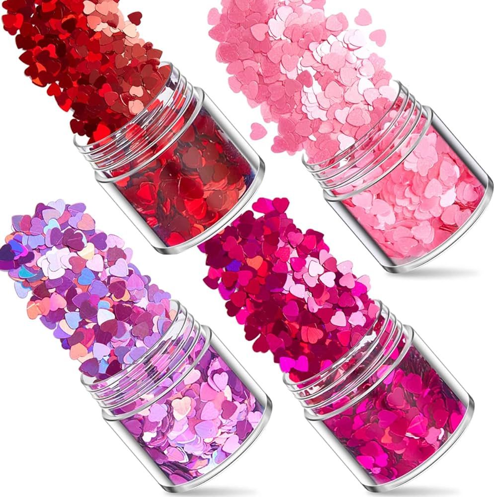 Valentine's Day Nail Art Glitters Red Heart Holographic Nail Glitter Heart Shaped Glitter Nail Se... | Amazon (US)