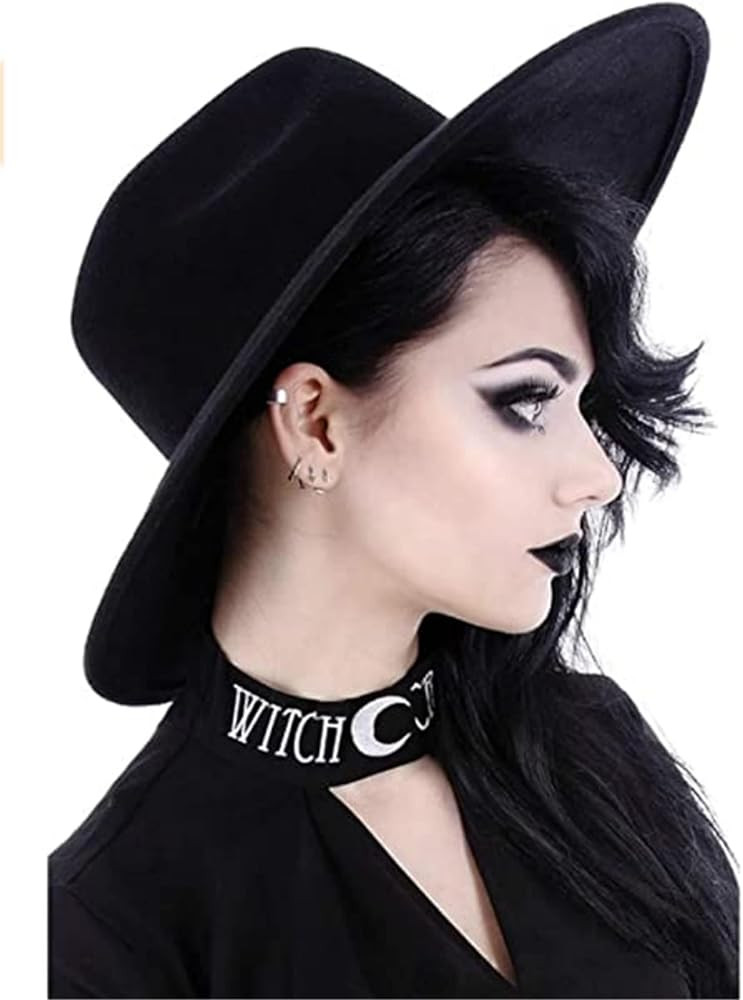 ENFUSO Gothic Nugoth Witchy Stiff Women's Fashion Accessory Black Wool Wide Brim Goth Witch Hat | Amazon (US)