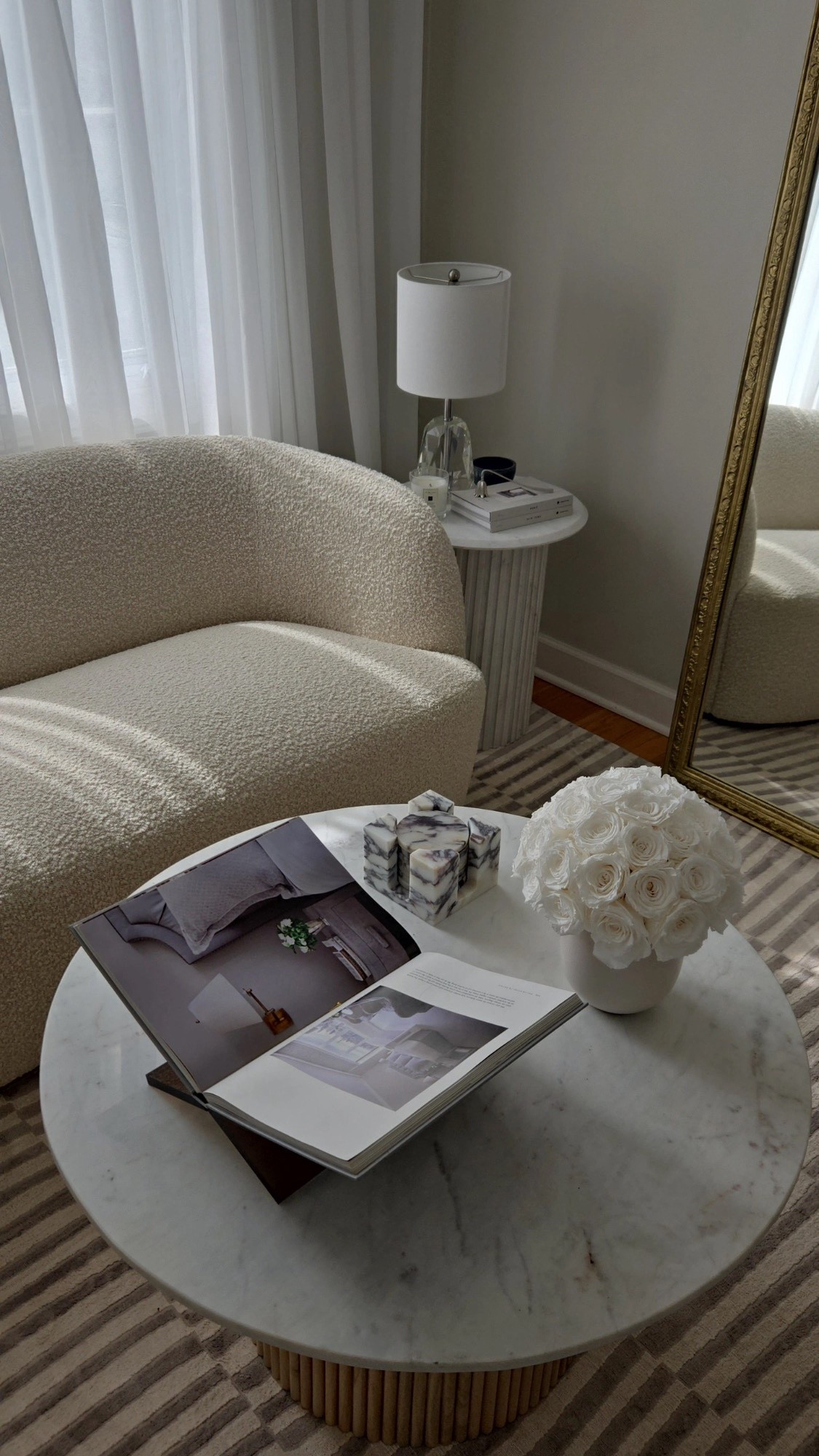 Goop curved voice sofa, Alice lane sale decor, marble coasters, lucite book stand, crystal table lamp, Amazon sheer white drapes.

#LTKHome #LTKSaleAlert