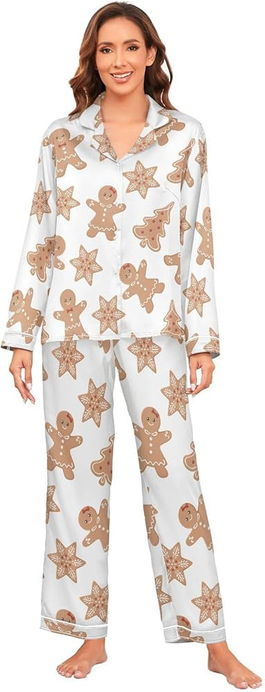 KLL Gingerbread Men Snowflakes Christmas Trees Satin Pajama Set for Women Lightweight and Comfort... | Amazon (US)