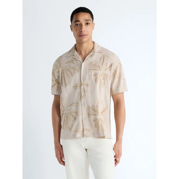 Free Assembly Men's Embroidered Linen Blend Camp Shirt with Short Sleeves, Sizes XS-3XL | Walmart (US)