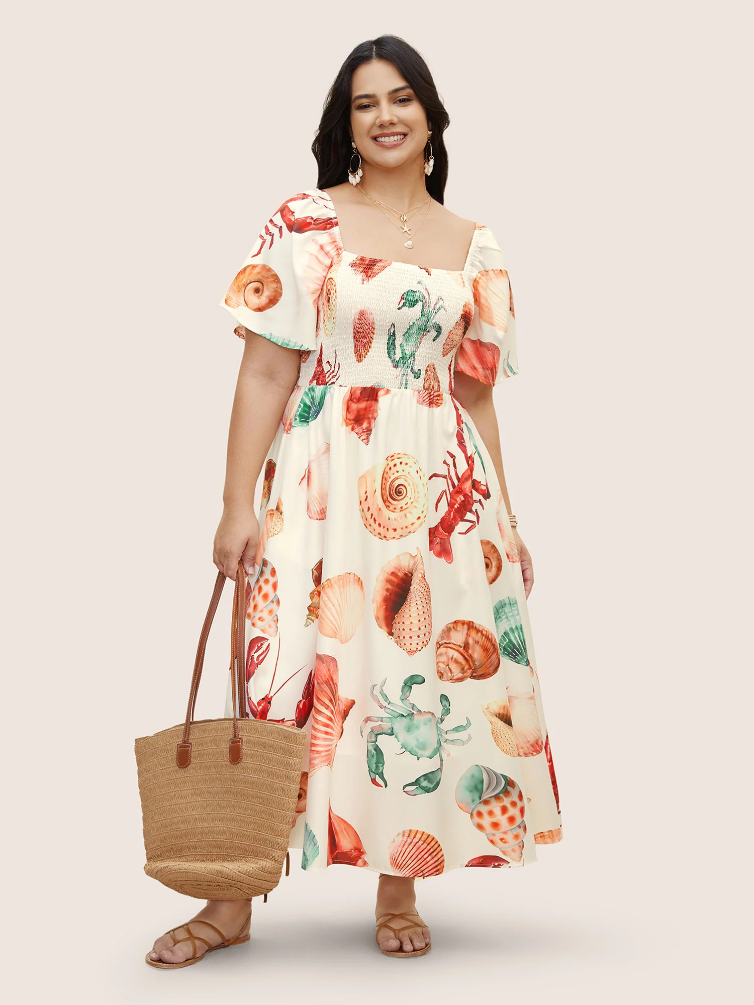 Marine Elements Print Shirred Ruffle Sleeve Dress | Bloomchic