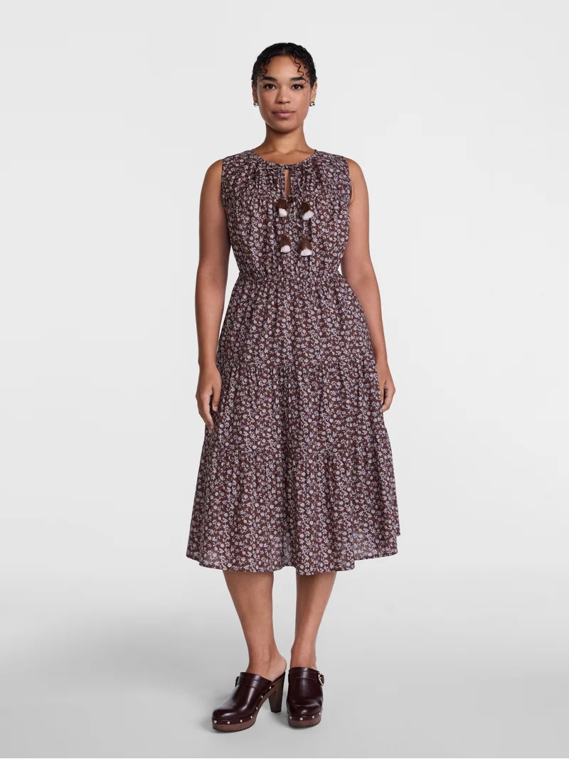 Scenario Women's and Women's Plus Sleeveless Tie Neck Tiered Midi Dress, Sizes XS-4X | Walmart (US)