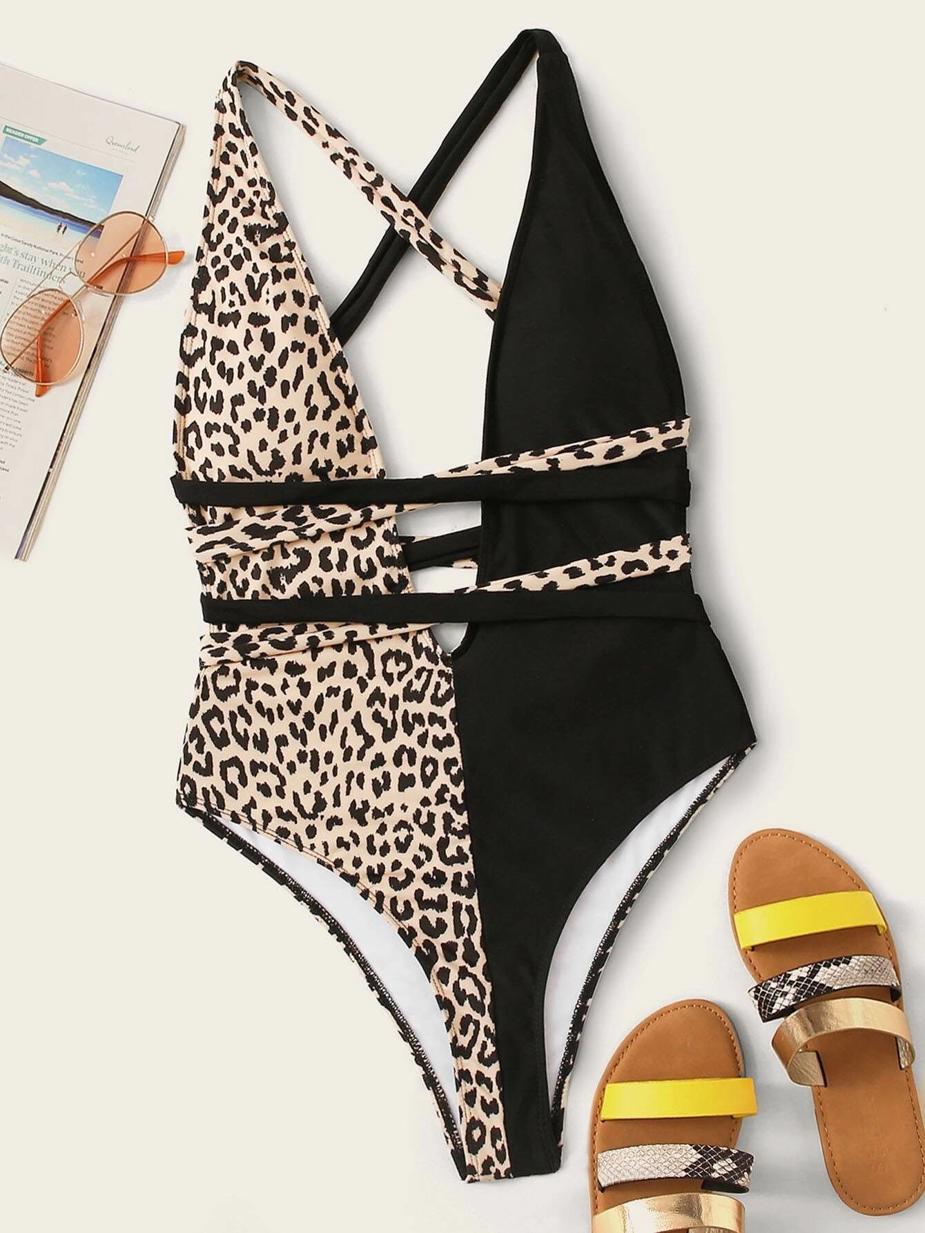 Contrast Leopard Self Tie One Piece Swimsuit | SHEIN