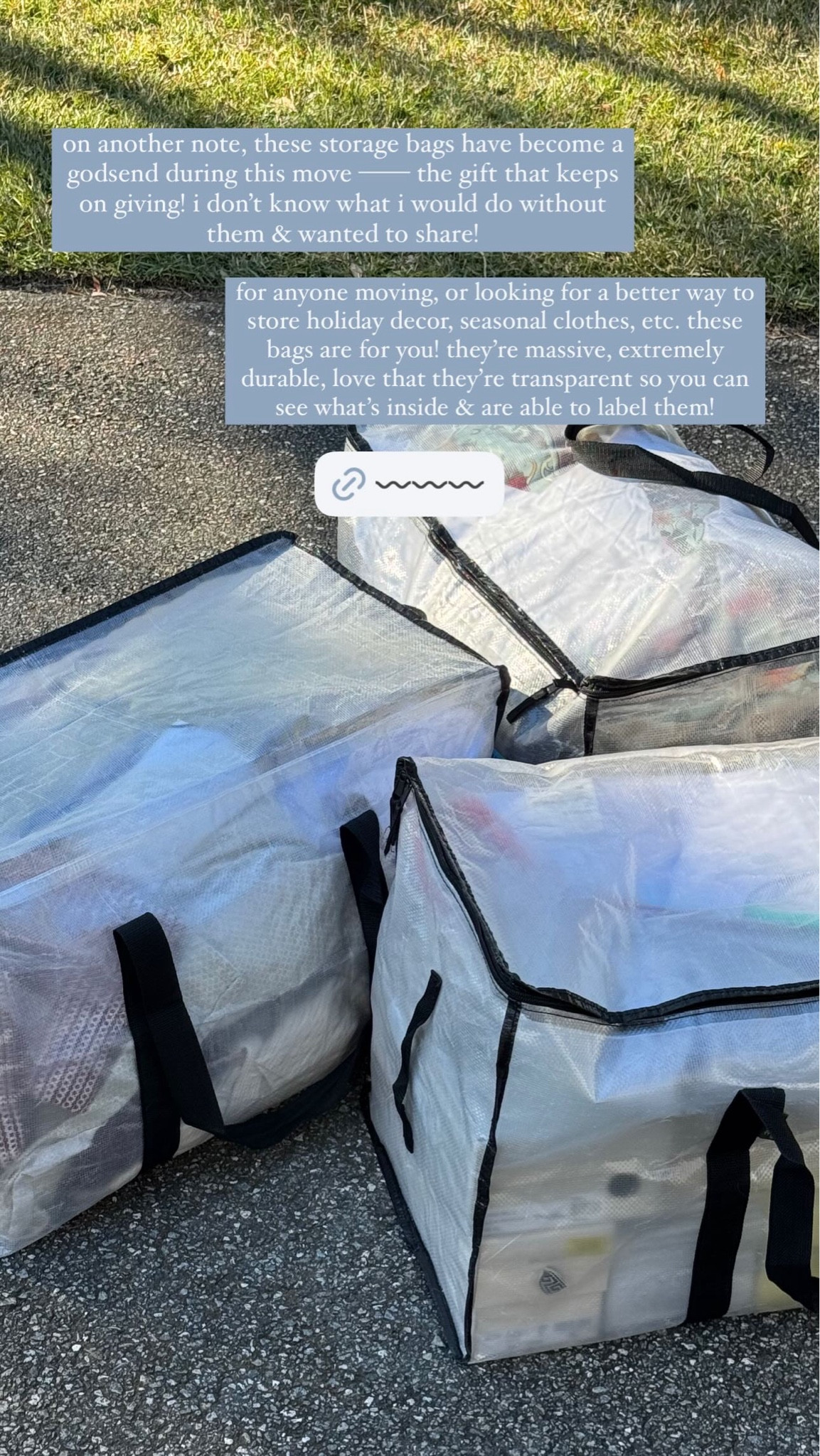 these storage bags have become a godsend during this move — the gift that keeps on giving! i don't know what i would do without them!
for anyone moving, or looking for a better way to store holiday decor, seasonal clothes, etc. these bags are for you! they're massive, extremely durable, love that they're transparent so you can see what's inside & are able to label them!

moving storage holiday attic basement packing 

#LTKFindsUnder50 #LTKTravel #LTKHome