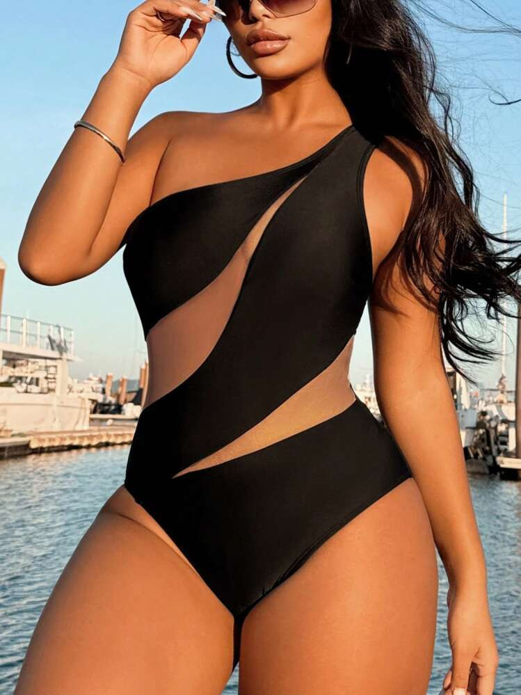 Swim SXY 1pc Women's Sexy Hollow Patchwork Asymmetric Neck One-Piece Swimsuit, Summer | SHEIN