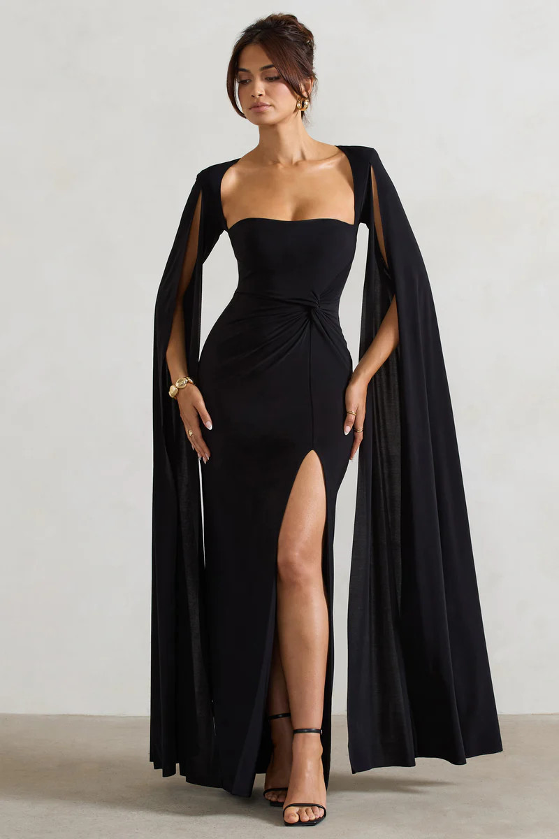 Claretta | Black Square Neck Twisted Maxi Dress With Cape Sleeves | Club L London
