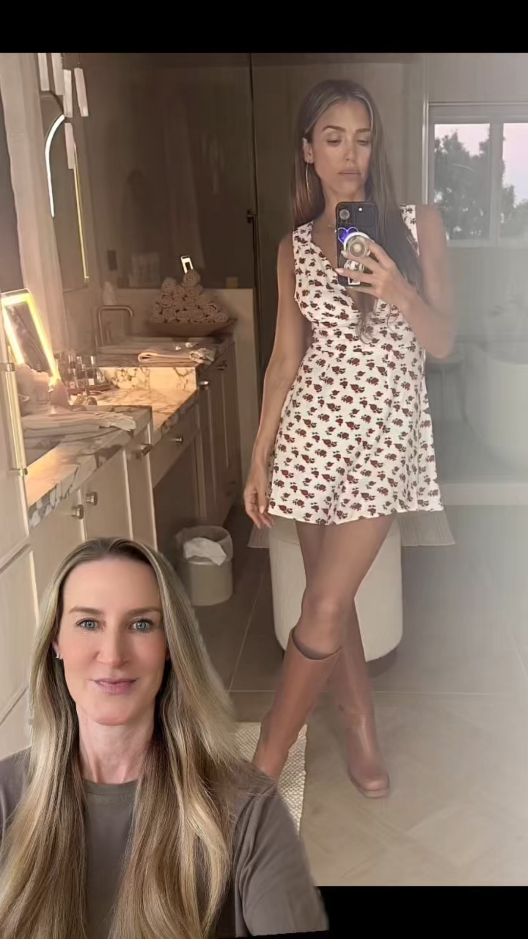 Who designed Jessica Alba's floral textured crepe minidress with a deeply dipped neckline and flouncy, flirty finish and her Fall ready Whiskey leather stacked heel and square toe boots that highlight the timeless style of a knee-high boot shaped from smooth, burnished leather?

I’ve found her exact dress (onesale!) and boots so you can recreate her exact look! 

#LTKShoeCrush #LTKStyleTip