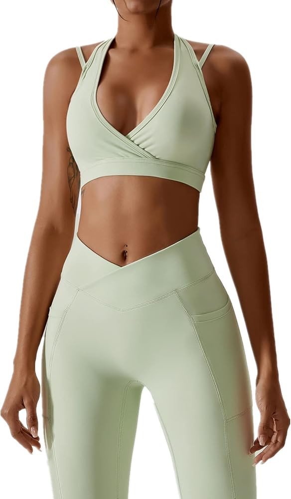 ABOCIW Women Workout Sets Halter V Neck Wrap Over Sport Bra High Wait Leggigs with Pocket Gym Yog... | Amazon (US)