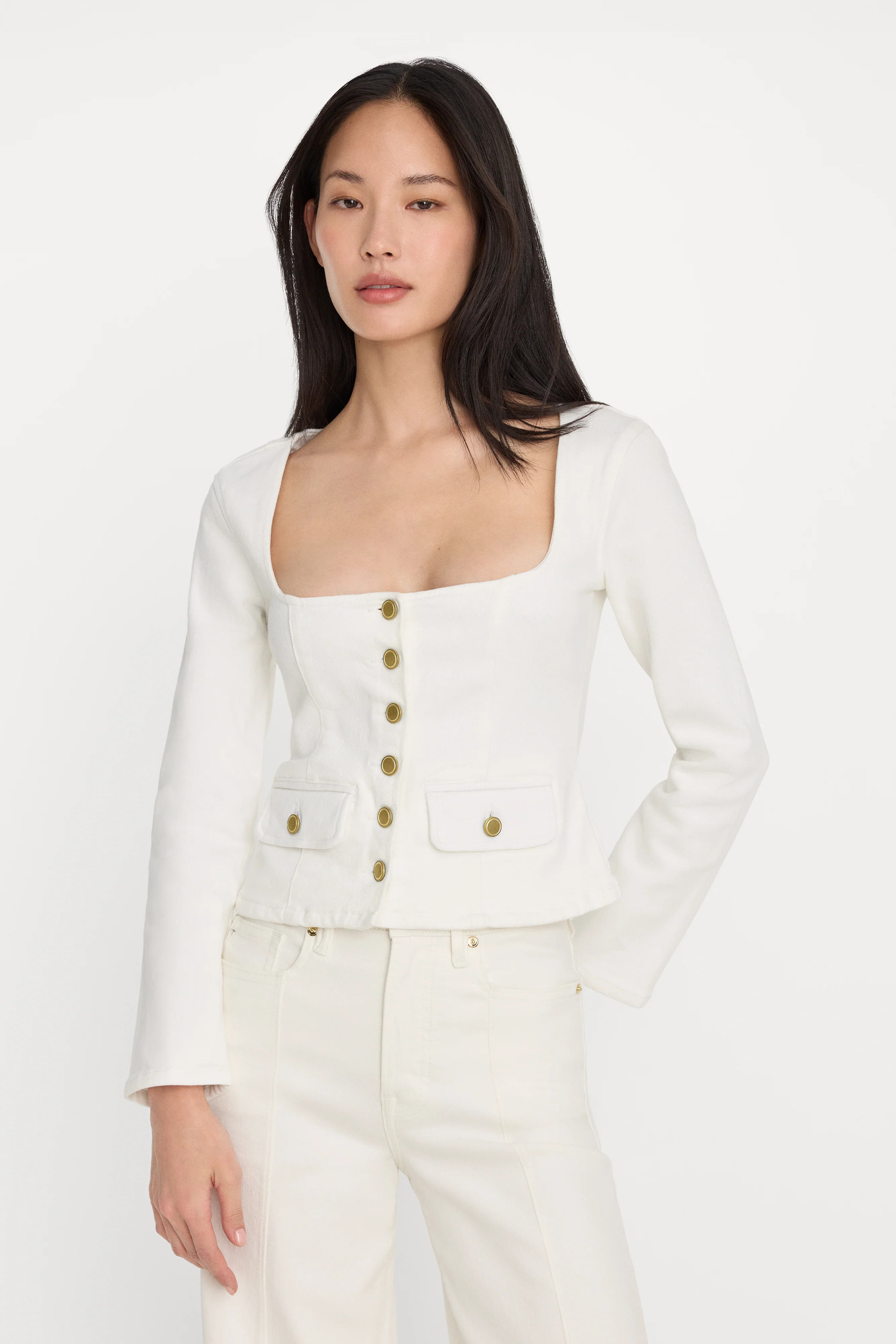 DENIM FITTED BUTTON FRONT JACKET | COTTON WHITE - GOOD AMERICAN | Good American