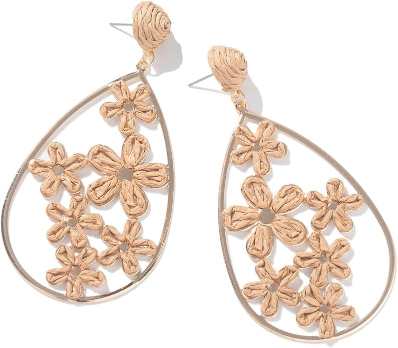 Flower Teardrop Earrings Boho Raffia Earrings Cute Floral Dangle Earrings Trendy Statement Jewelr... | Amazon (US)