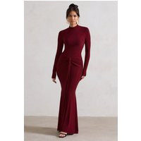Pietra | Berry High-Neck Long Sleeve Knot Maxi Dress | Club L London