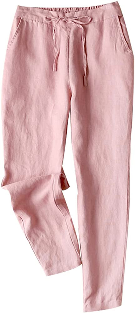 Tanming Women's Casual Linen Elastic Waist Tapered Pants Trousers with Drawstring | Amazon (US)