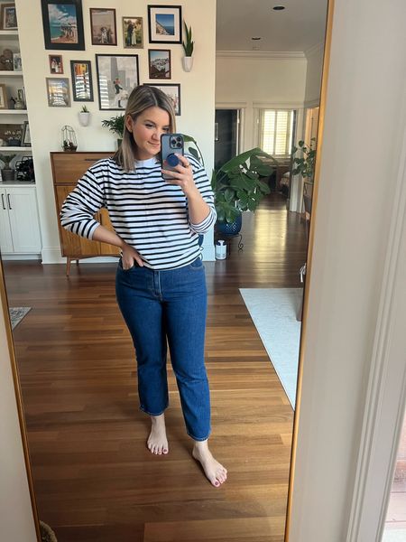Striped shirt - size small, a little oversized
Jeans - size 27 in short length, fit well but are too short for what I wanted

#LTKsalealert #LTKunder100
