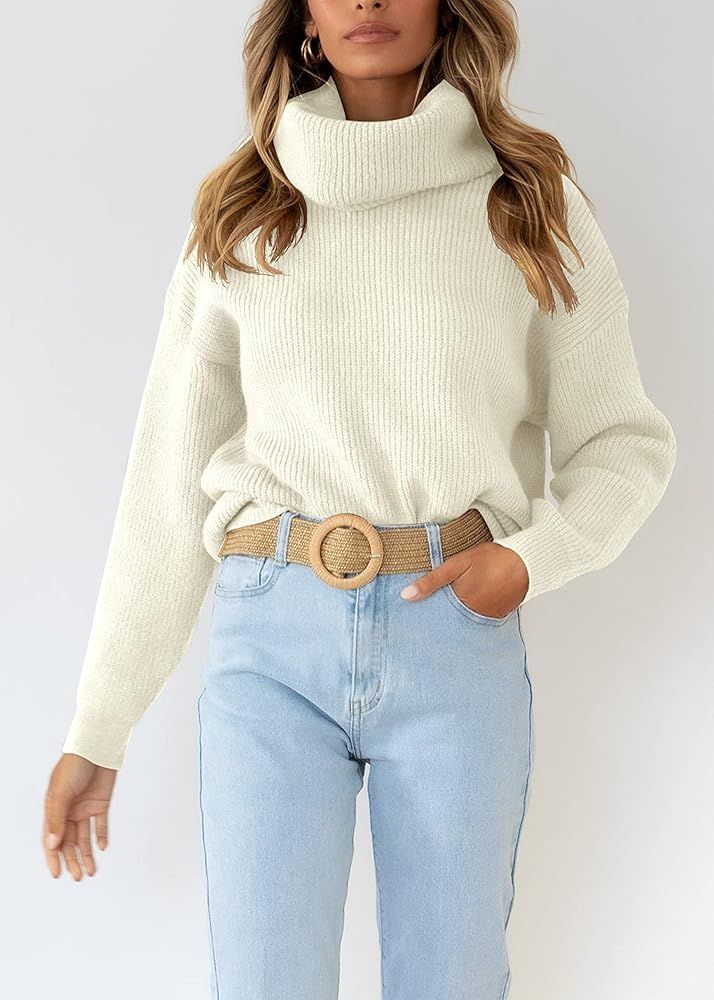 Womens Long Sleeve Turtleneck Knit Sweaters Drop Shoulder Pullover Sweater Oversized Winter Jumpe... | Amazon (US)