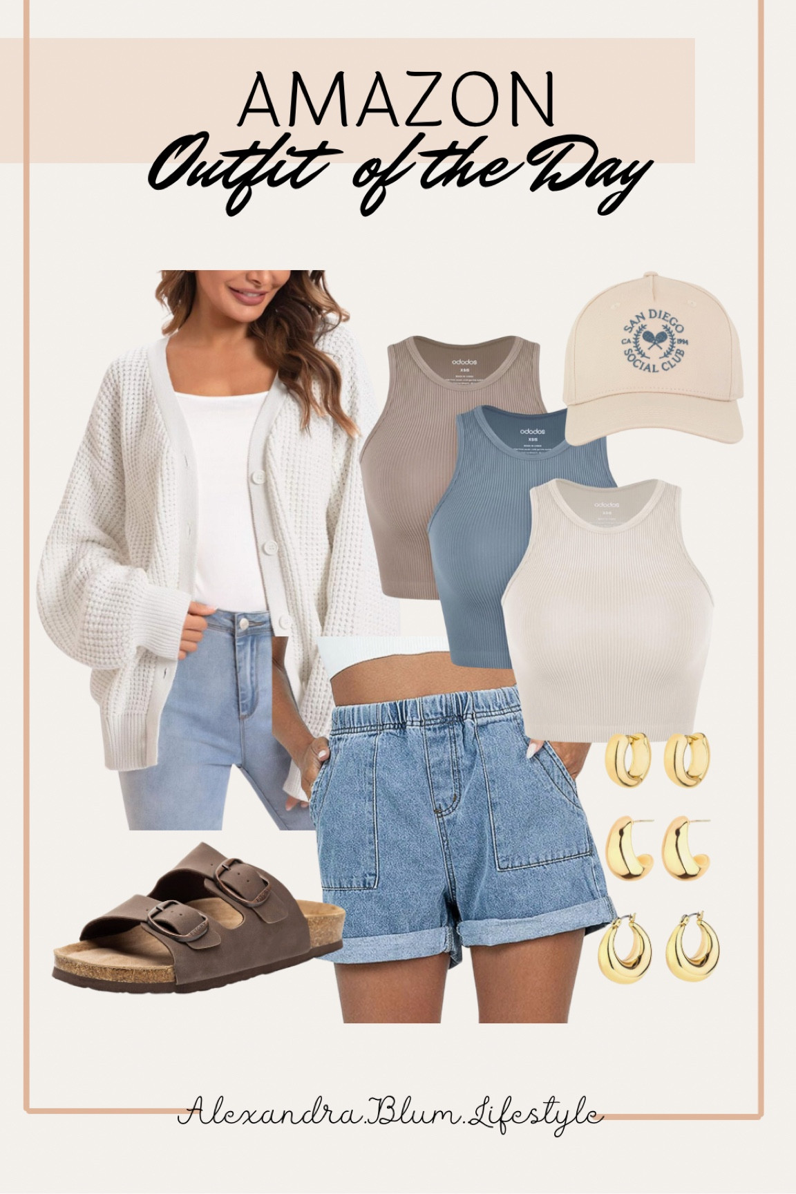 Casual outfit ideas from Amazon! Elastic waist jean shorts, brown cork slide sandals, tank top 3 pack, white cardigan sweater, and baseball trucker hats! Summer outfit! Morning outfit! Stay at home outfit! Amazon fashion! Amazon finds! Amazon trends! 

#LTKFindsUnder50 #LTKStyleTip #LTKMidsize