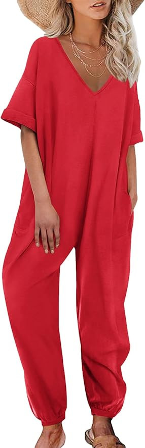 Nirovien Women's Solid Color V Neck Jumpsuits Casual Half Sleeve Long Rompers Beam Foot Baggy Ove... | Amazon (US)
