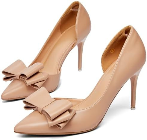 Womens Bow Heels Closed Pointed Toe Dress Shoes Stiletto Slip on Wedding Pumps | Amazon (US)