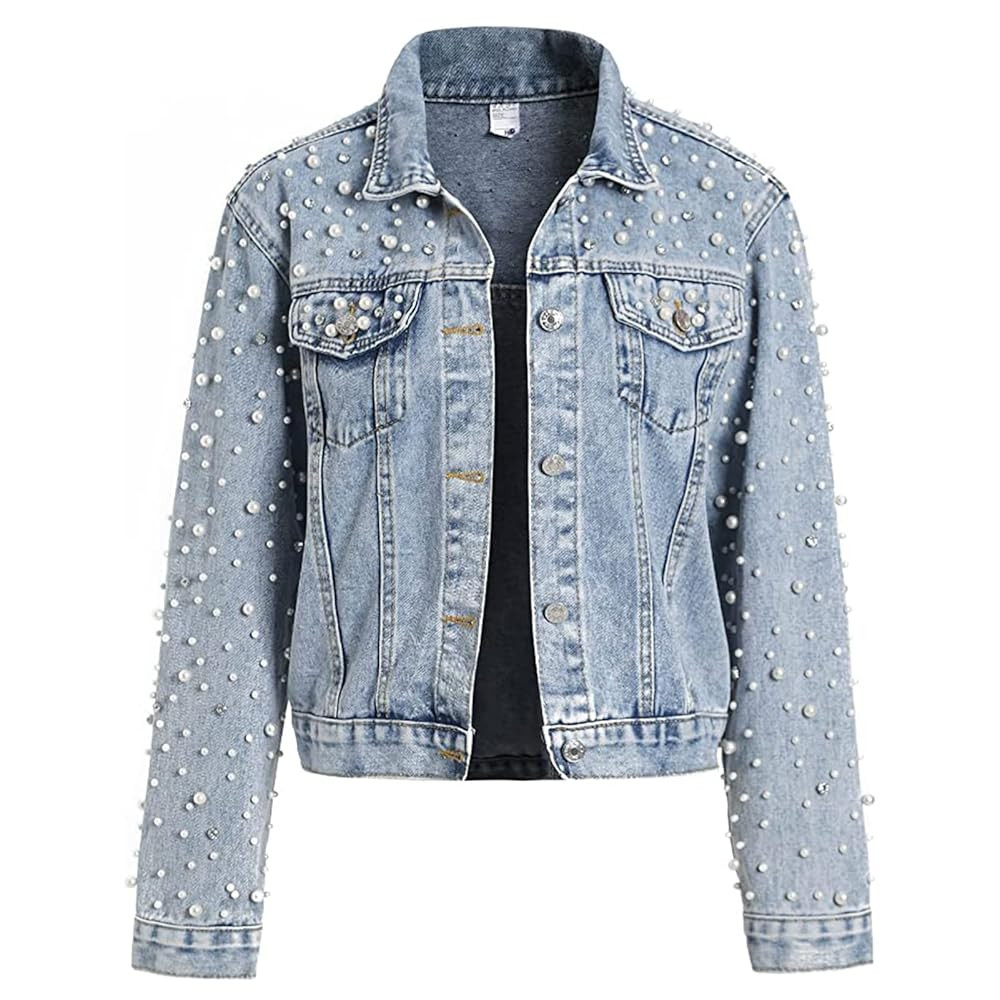 LifeShe Women's Pearls Denim Jacket Cropped Rhinestones Jean Jacket Coat | Amazon (US)