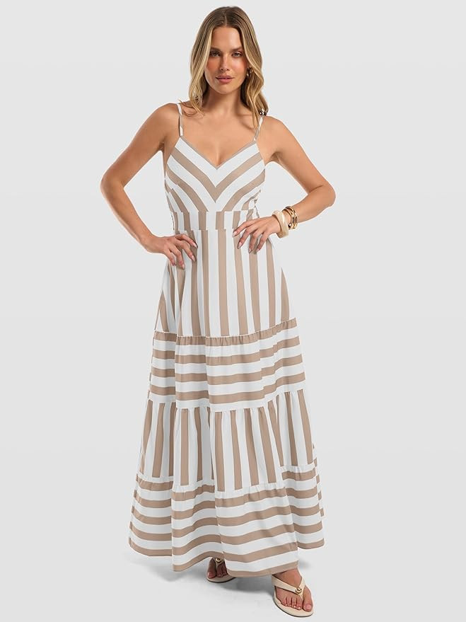 Caracilia Summer Maxi Dresses for Women Spaghetti Strap Back Smocked A Line V Neck Casual Long Dr... | Amazon (US)