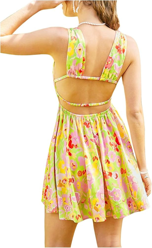 Floerns Women's Cut Out Backless Sleeveless Shirred Floral A Line Short Dress | Amazon (US)