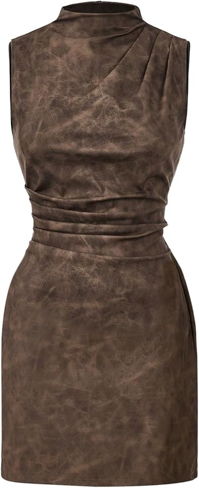 Women's PU Leather Ruched Bodycon Dresses Mock Neck Sleeveless Zipper Mini Tank Dress | Amazon (US)