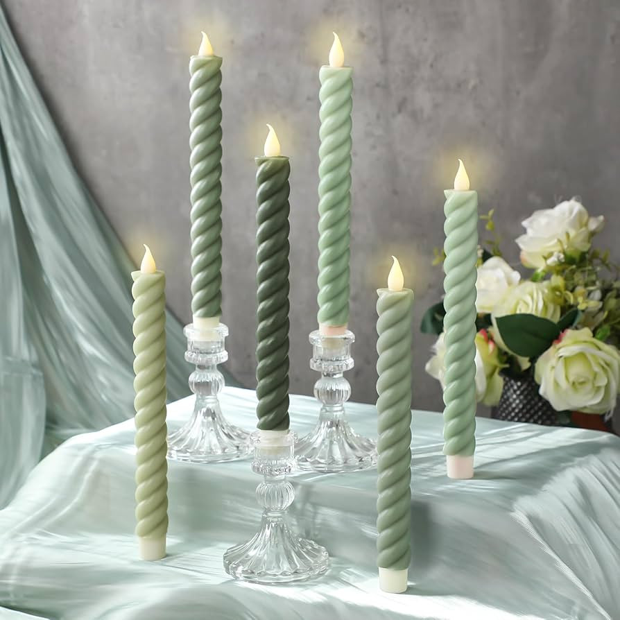 6 Pcs Sage Green Flameless Taper Candle Twisted LED 9.65 Inch Taper Candles Battery Operated Twis... | Amazon (US)