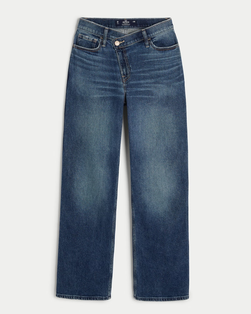 Ultra High-Rise Medium Wash Criss-Cross Waistband Dad Jeans | Hollister (UK)