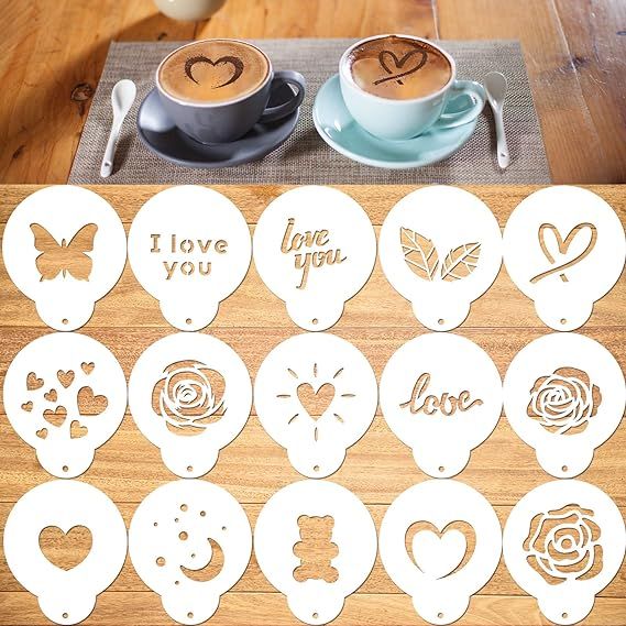 Konsait coffee stencil, 15 Pieces latte art stencils for Coffee Decorations, Magnoloran Foam Bari... | Amazon (US)
