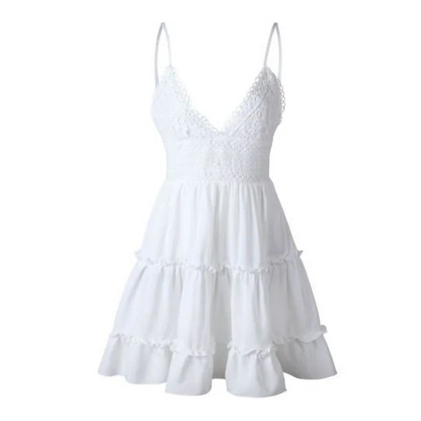 wybzd Women's Lace Mini Swing Skater Dress V-Neck Sleeveless Ruffled Backless Short Beach Party C... | Walmart (US)