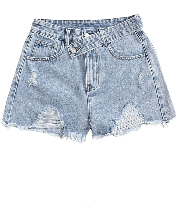 SweatyRocks Women's Casual High Waist Raw Hem Ripped Denim Jean Shorts with Pocket | Amazon (US)
