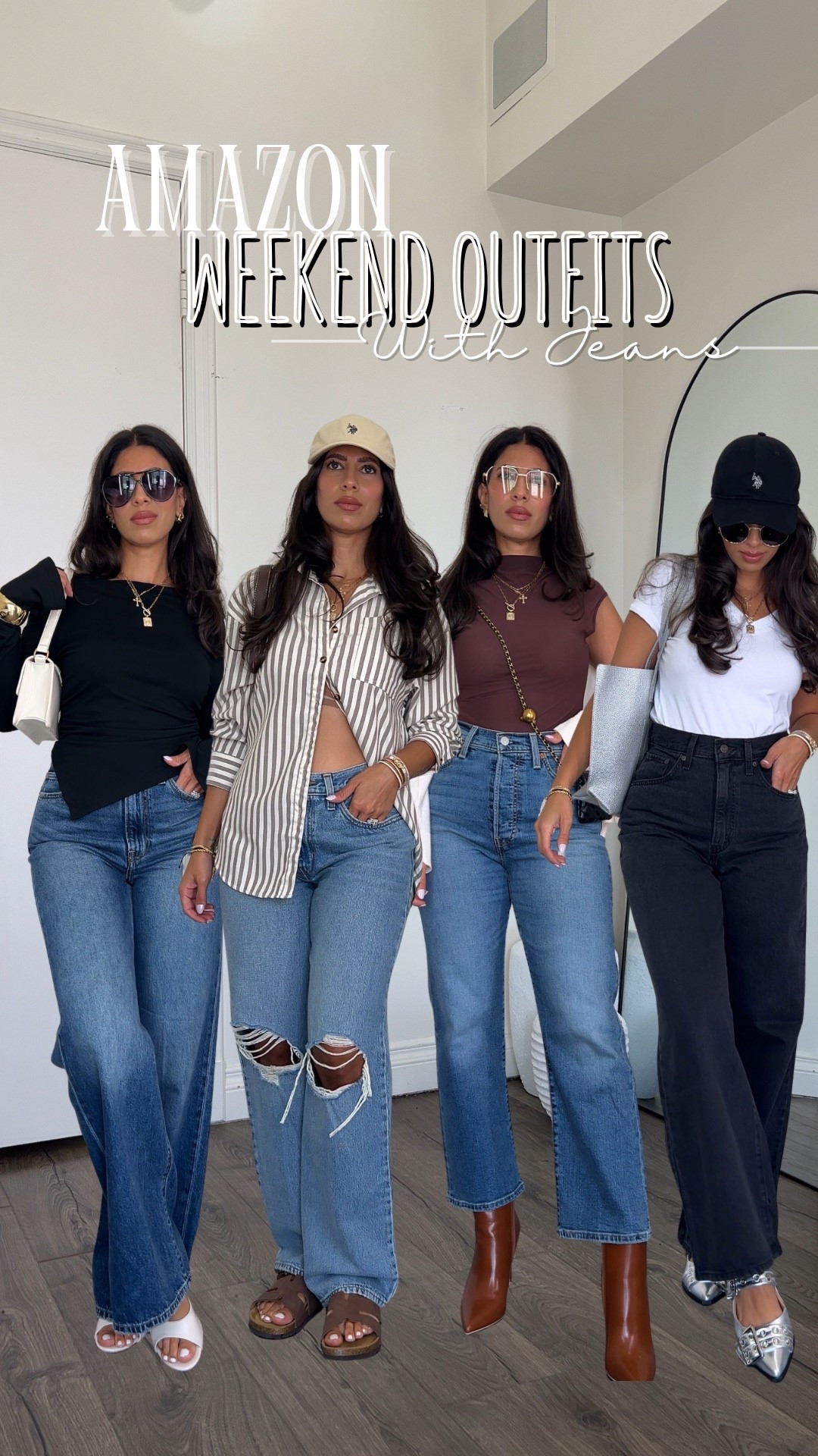 Weekend outfit with Amazon jeans! 
5’4 132 lbs. 

From left to right: 
1st outfit - jeans size 27, top small
2nd outfit -  jeans size 28, button down small
3rd outfit - jeans size 27 (has some stretch), top small, cardi small
4th outfit - jeans size 27, tee small

#LTKStyleTip #LTKSeasonal #LTKMidsize