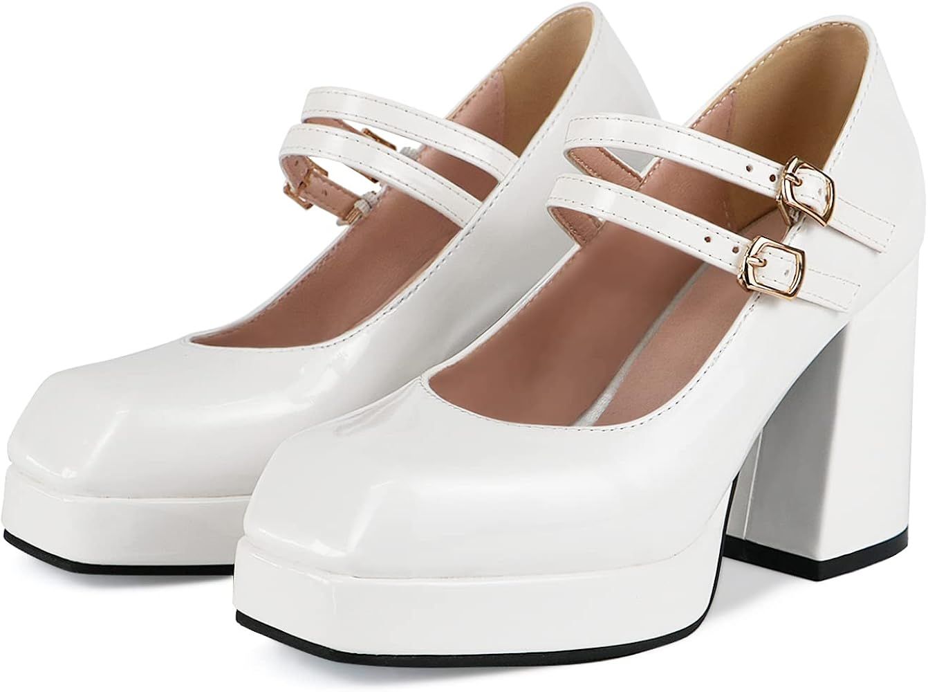 KaieeKeio Women Platform Mary Jane Shoes Block Heel Square Toe Ankle Strap Shoes Double Buckle Pu... | Amazon (US)