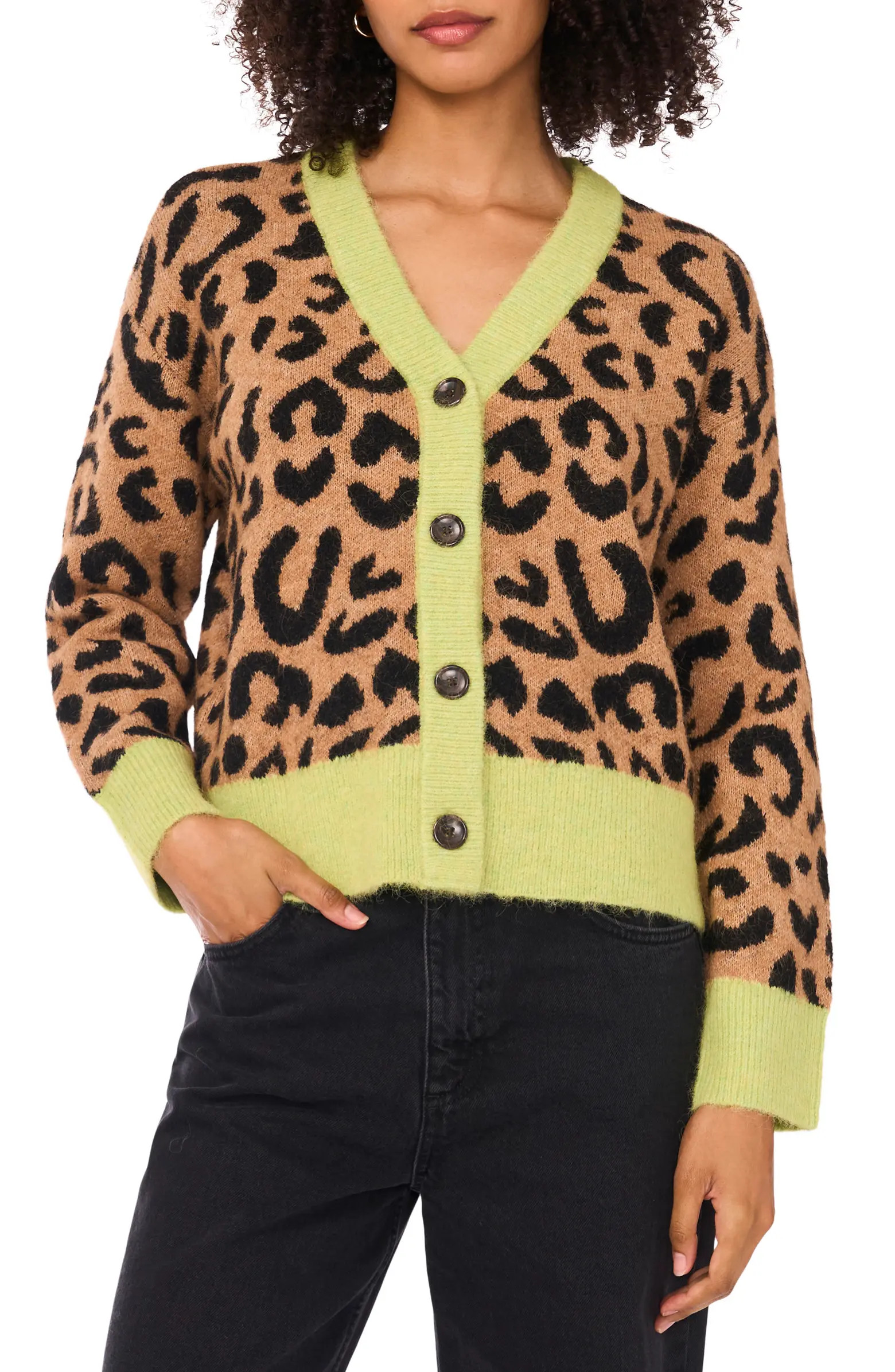 1.STATE Colorblock Trim Leopard Spot Cardigan | Nordstromrack | Nordstrom Rack