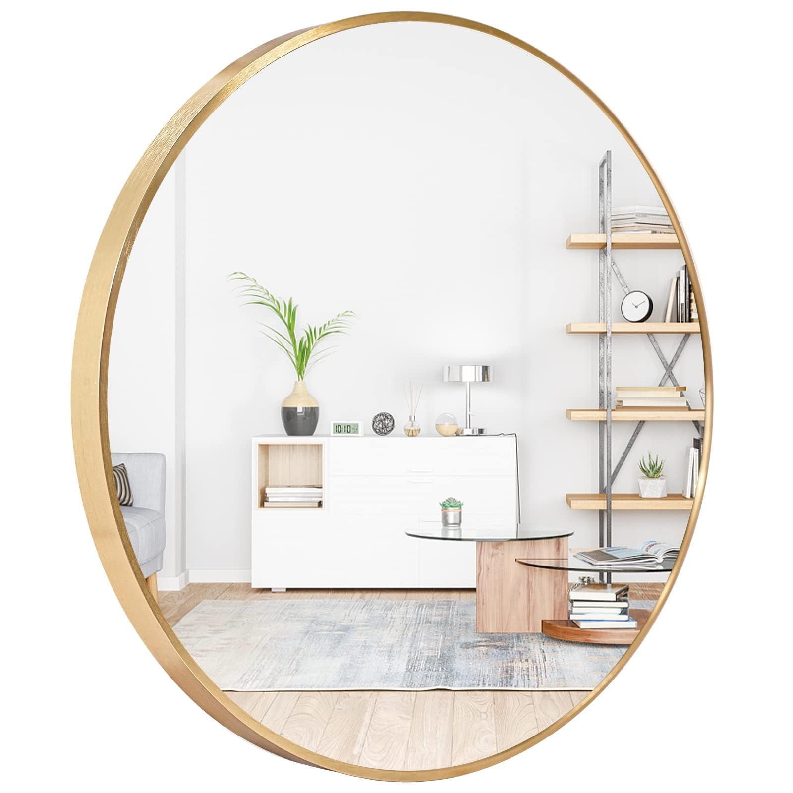 Gold Round Mirror 24 Inch, Circle Mirrors with Hooks and Metal Framed, Round Wall Mirror for Bath... | Amazon (US)
