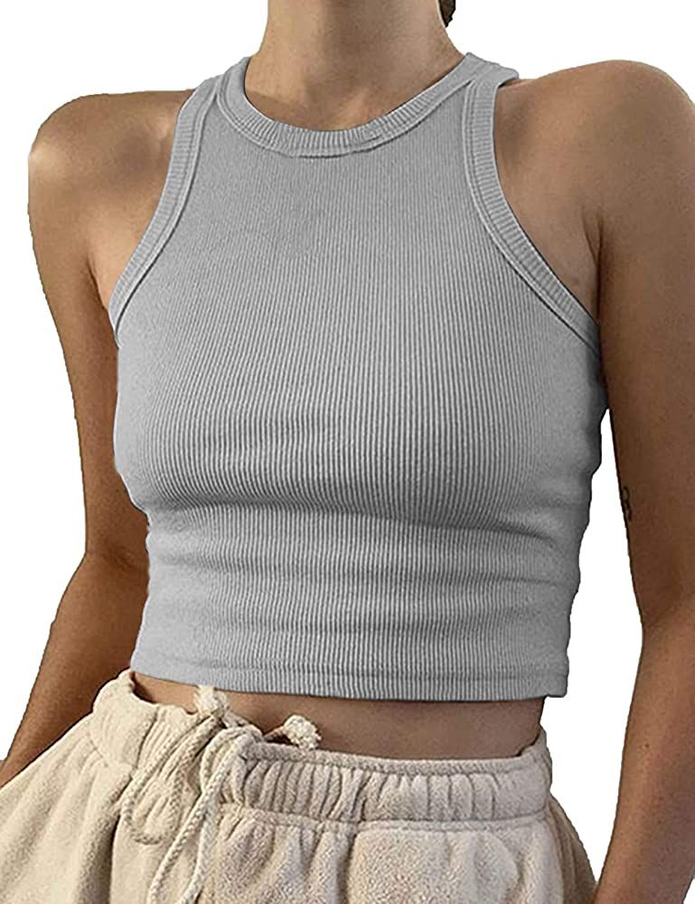 Artfish Women Casual Basic Sleeveless High Neck Rib-Knit Y2k Crop Tank Top | Amazon (US)