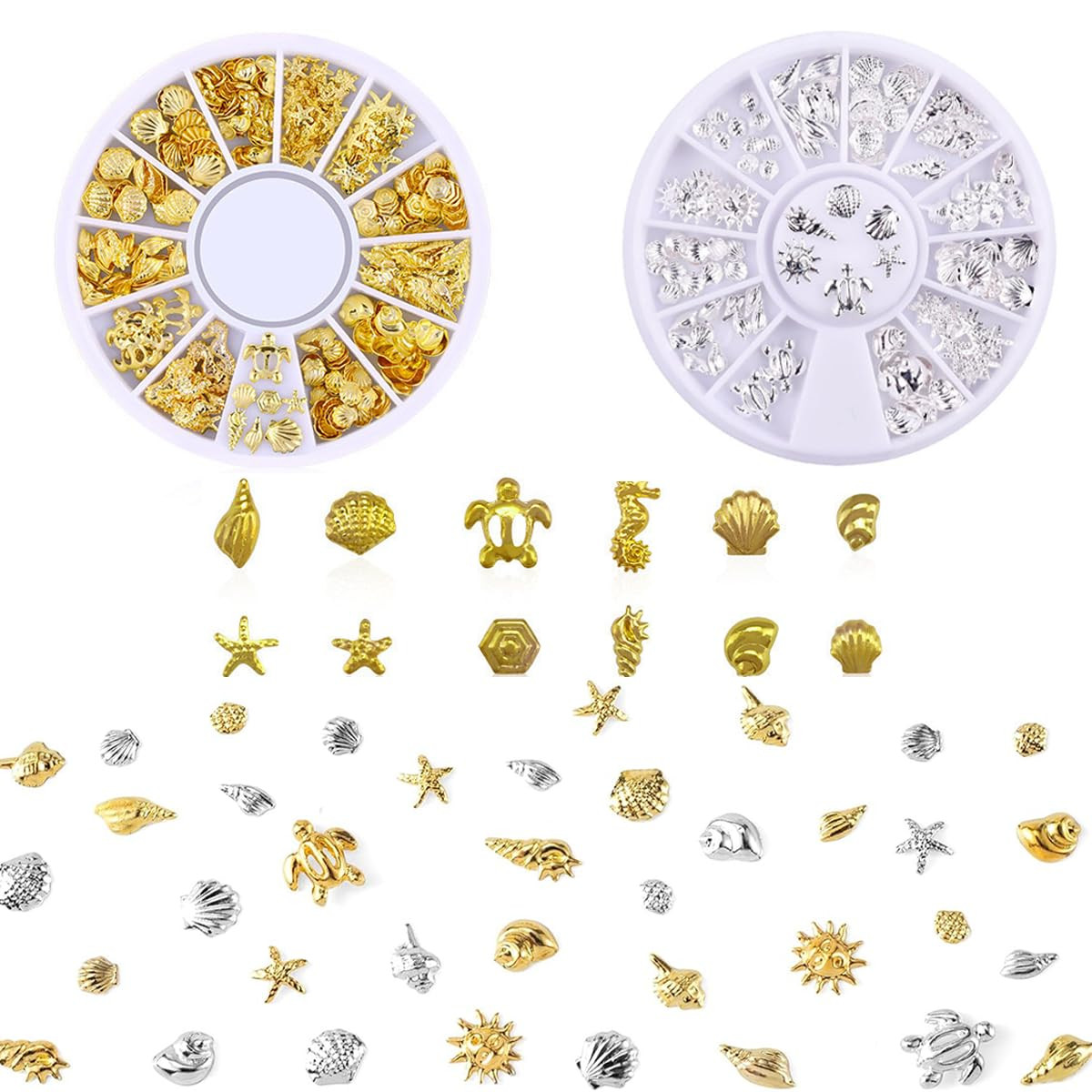 Gold Summer Beach Sea Shell Nail Studs Sliver Whelk Starfish Metal Nail Charms, 3D Turtle Ocean N... | Amazon (US)