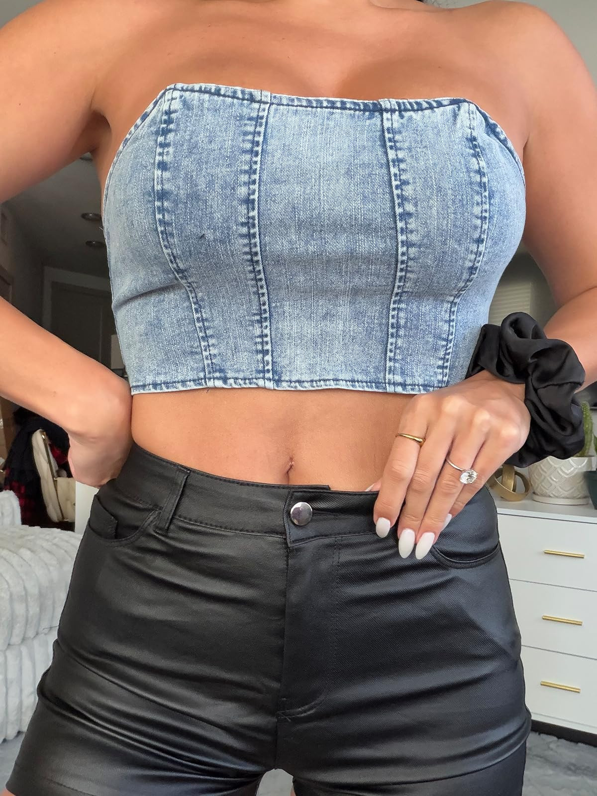 Keep it cool and edgy with this acid wash denim corset top paired with sleek faux leather shorts. The perfect mixed-texture look for your next concert or weekend outing! #DenimStyle #LeatherShorts #FestivalFashion 

 #LTKdayinmylife #LTKootd #LTKSaleAlert