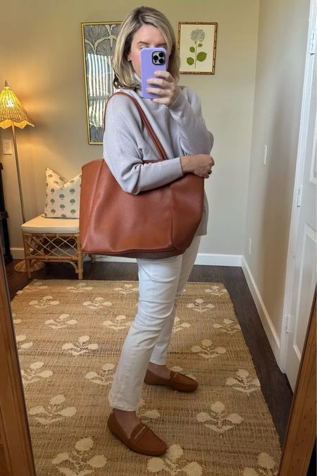 White jeans, neutral light sweater, vegan leather tote, canvas shoes, classic outfit, winter fashion 

#LTKmidsize #LTKfindsunder50 #LTKstyletip