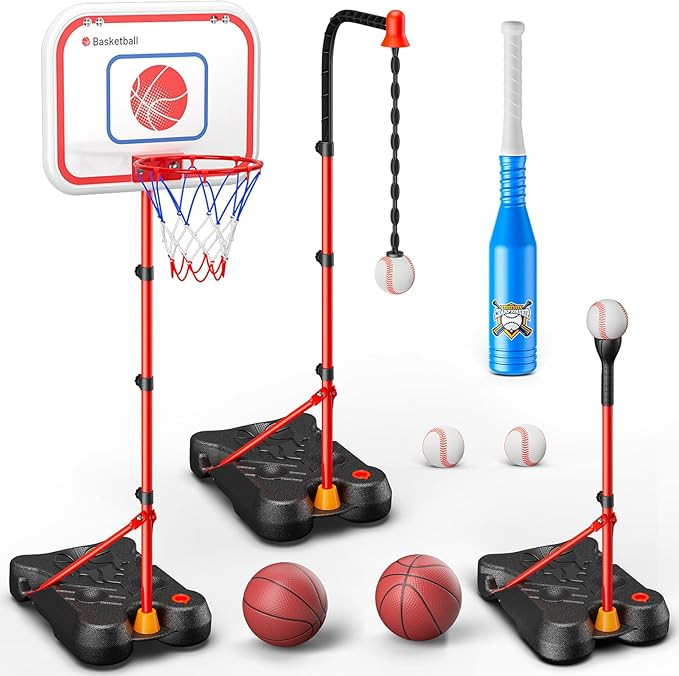 HopeRock 2 in 1 Kids Basketball Hoop and T Ball Set, Adjustable Basket Ball Stand,Hanging Tee Bas... | Amazon (US)