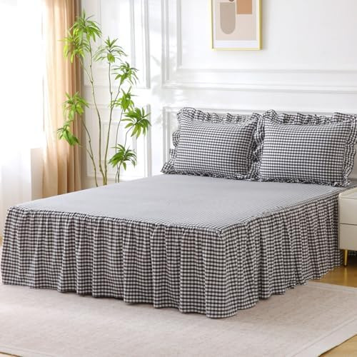 Black/White Plaid Bed Skirt Washed Cotton Vintage Gingham Checkered Dust Ruffle Queen Size 18" Be... | Amazon (US)