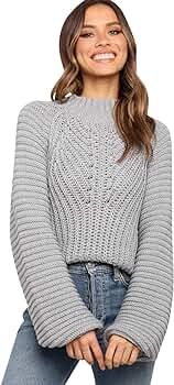 Miessial Women's Cable Knit Lantern Sleeve Sweater Pullover Casual Soft Crewneck Ribbed Sweater T... | Amazon (US)