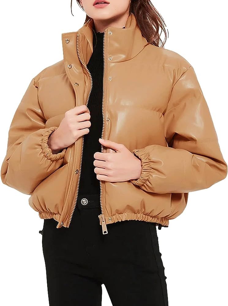 HangNiFang Faux Leather Puffer Jacket for Women Winter Cropped Jacket Bubble Coat | Amazon (US)