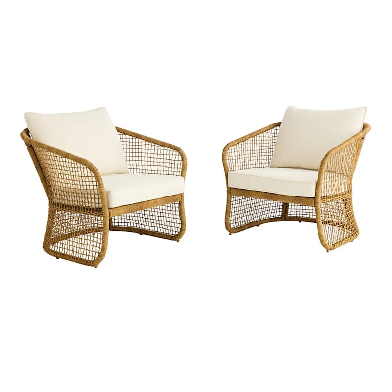 Set of 2 Bali Natural Wicker Patio Chairs with Natural Cushions | At Home