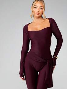 MISSGUIDED Long Sleeve Square Neck Bodycon Top With Tie Detail Perfect For Fall Winter Layering | SHEIN