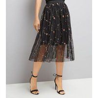 Black Floral Embroidered Tulle Midi Skirt New Look | New Look (UK)